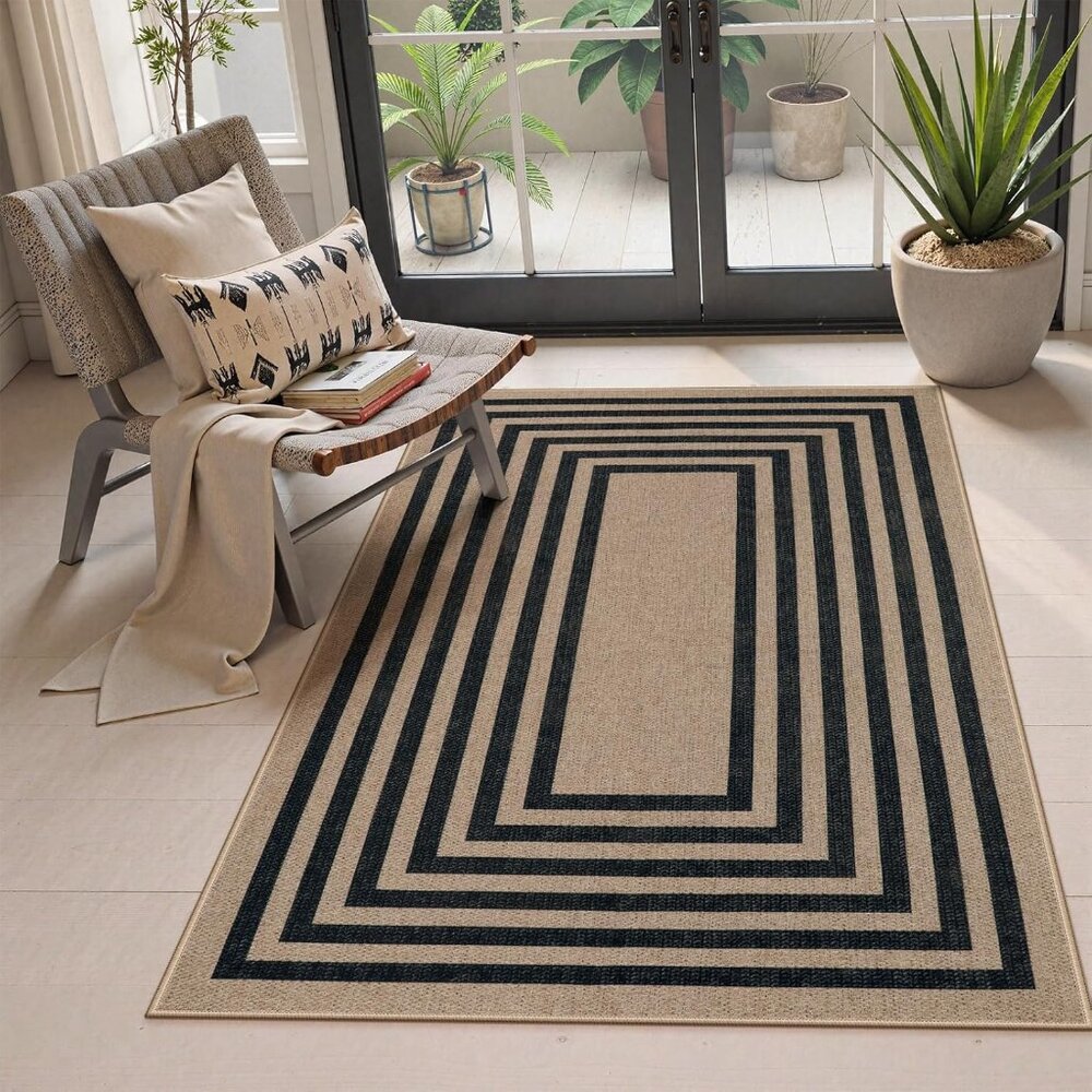 New Modern Geometric Easy Jute Outdoor Rug, 3x5 Black Washable Kitchen Rugs